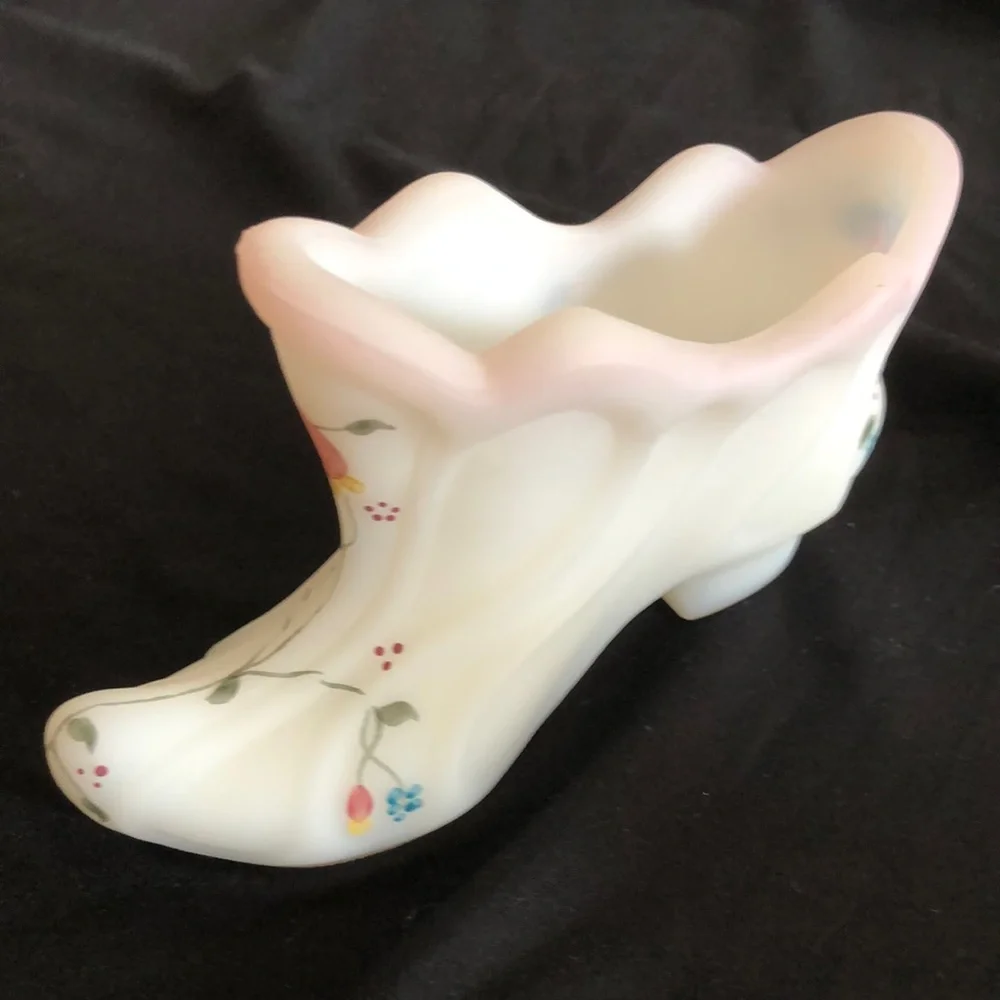 Fenton White Satin w/ pink . Hand Painted Shoe, Boot , Slipper with Flowers . - Picture 1 of 6